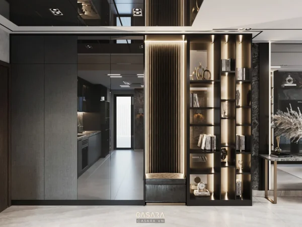 Nội thất phòng bếp và phòng khách hiện đại, sang trọng với tông đen chủ đạo.
