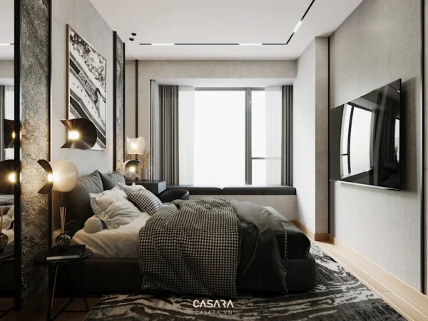 Phòng ngủ hiện đại, sang trọng với tông màu xám chủ đạo.
