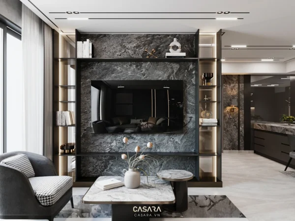 Phòng khách hiện đại, sang trọng với nội thất tối màu và điểm nhấn vàng.