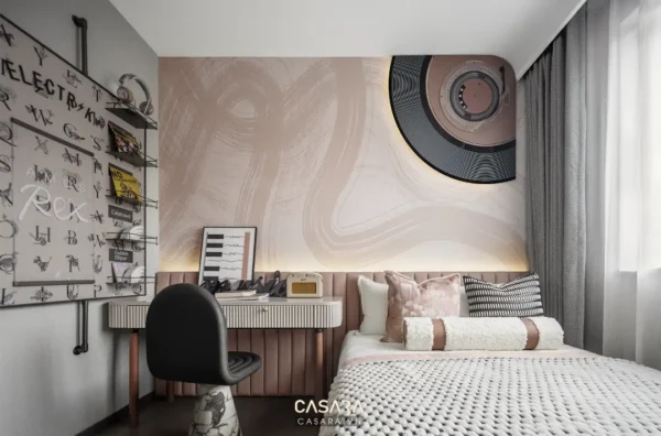 Phòng ngủ hiện đại, ấm cúng với tông màu hồng và xám chủ đạo.