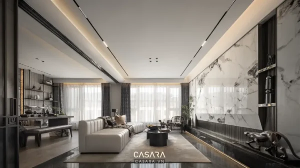 Phòng khách hiện đại, sang trọng với tông màu trung tính chủ đạo.