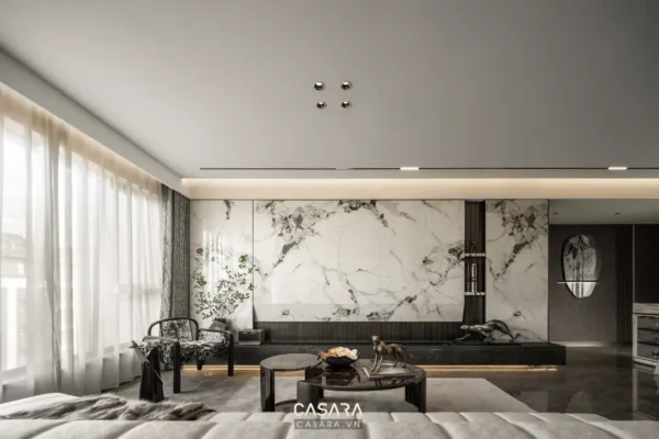 Phòng khách sang trọng với đá cẩm thạch và ánh sáng tinh tế.
