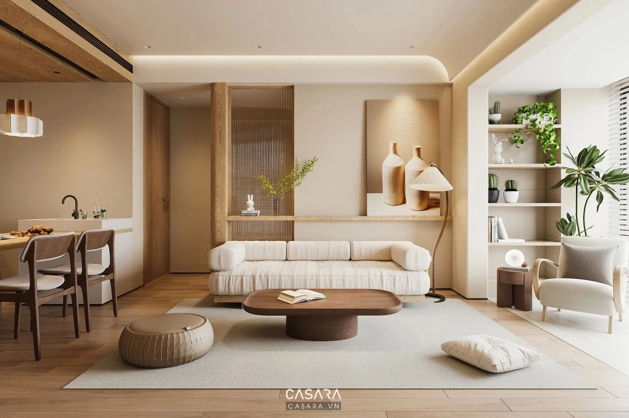 Phòng khách đơn giản hiện đại hoàn thiện với sofa kệ tivi và cây xanh