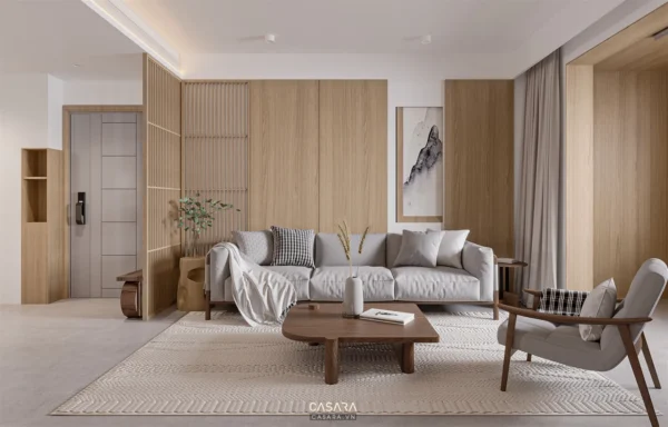 Phòng khách hiện đại, tối giản với tông màu gỗ và xám chủ đạo.