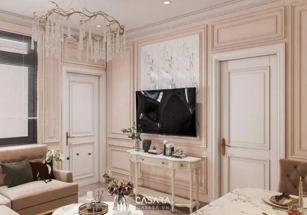 Phòng khách hiện đại, sang trọng với gam màu hồng pastel ấm áp.