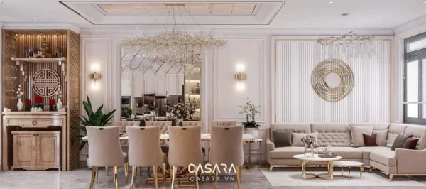 Phòng khách sang trọng, hiện đại với nội thất ấm áp, tinh tế.