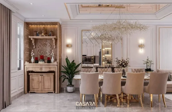 Phòng khách hiện đại, sang trọng với nội thất tông màu kem và gỗ.