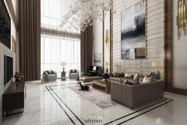 Phòng khách sang trọng, hiện đại với nội thất tinh tế, ánh sáng lấp lánh.
