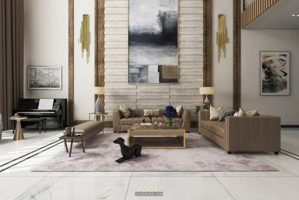 Phòng khách sang trọng với nội thất nâu tây hiện đại, ấm cúng.