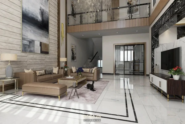 Phòng khách hiện đại, sang trọng với nội thất tinh tế, tông màu ấm áp.