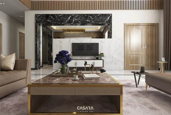 Phòng khách hiện đại, sang trọng với nội thất tinh tế, màu sắc hài hòa.