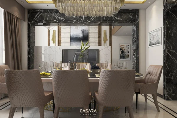 Phòng ăn sang trọng với đèn chùm và nội thất hiện đại.