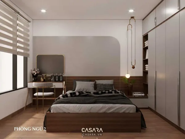 Phòng ngủ hiện đại, tối giản với tông màu trung tính ấm áp.