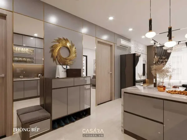 Phòng bếp hiện đại, sang trọng với tủ bếp và decor tinh tế.