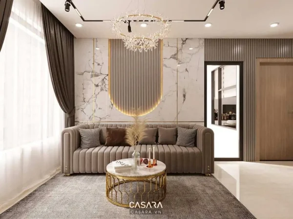 Phòng khách hiện đại, sang trọng với nội thất tinh tế, ánh sáng ấm áp.