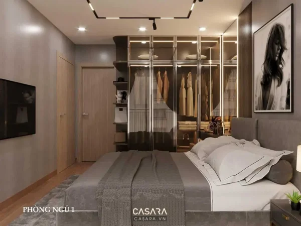 Phòng ngủ hiện đại với tủ âm tường lớn và giường thoải mái.