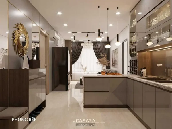 Phòng bếp hiện đại, sang trọng với thiết kế mở và nội thất tinh tế.