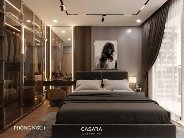 Phòng ngủ hiện đại, sang trọng với tủ quần áo lớn và ánh sáng ấm áp.