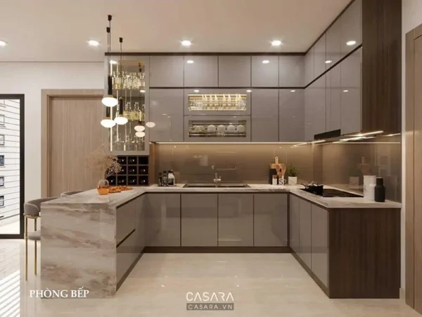 Phòng bếp hiện đại, sang trọng với thiết kế chữ U tinh tế.