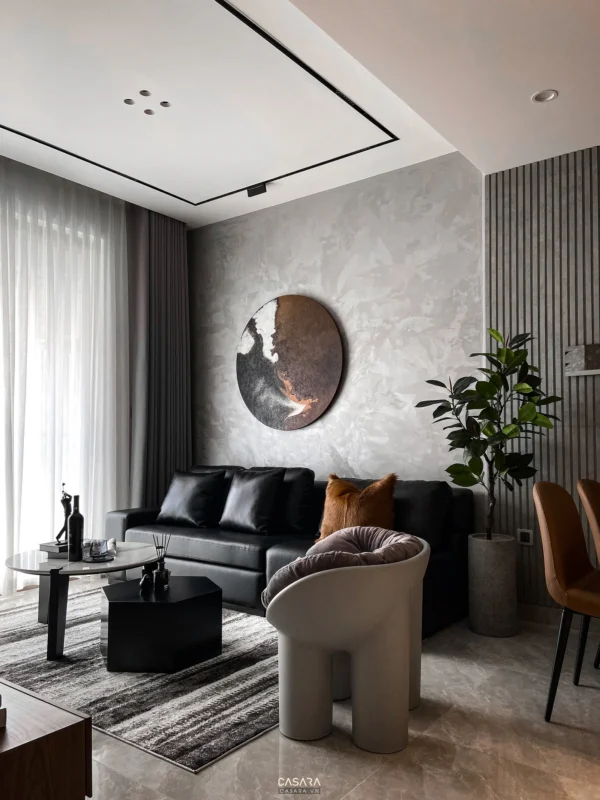 Phòng khách hiện đại, sang trọng với tông màu trung tính chủ đạo.