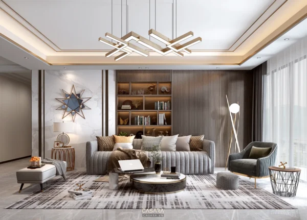 Không gian chung cư nhỏ 50m2 với sofa sáng màu, kệ tivi, rèm lớn và ánh sáng tự nhiên phù hợp thiết kế nhà nhỏ tiện nghi.