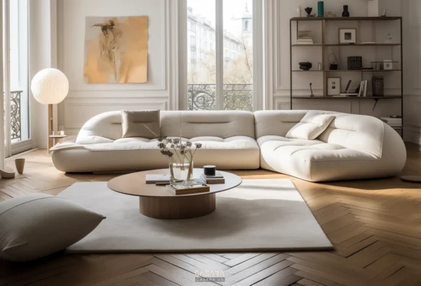 Phòng khách phong cách tối giản, ấm cúng với sofa trắng lớn.
