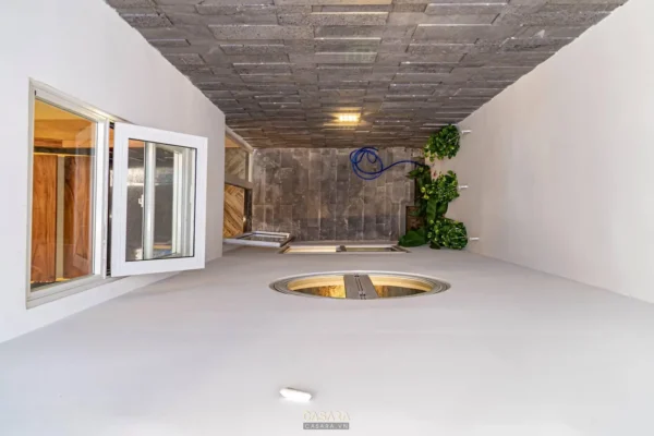 Góc phòng hiện đại với trần gỗ độc đáo và cây xanh trang trí.