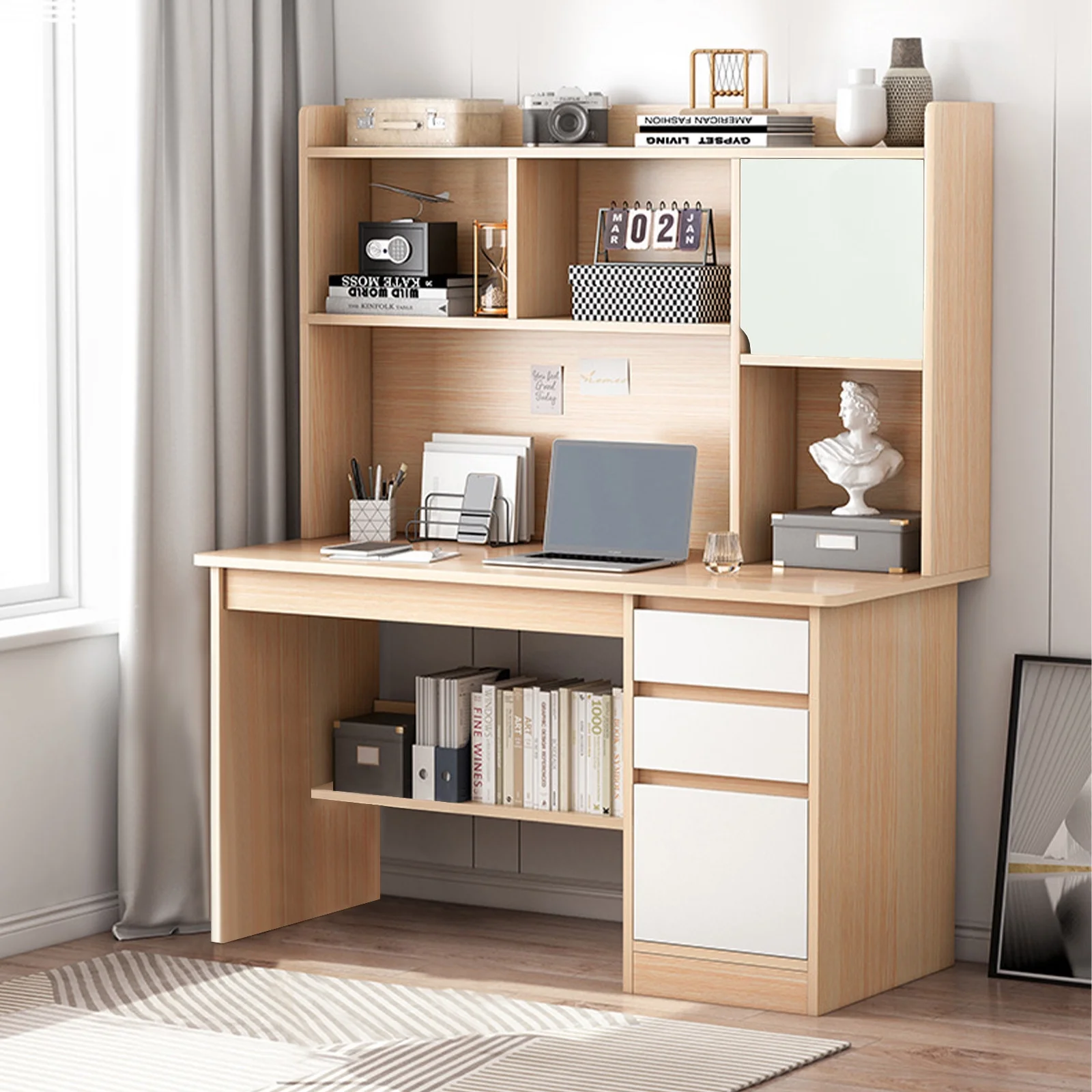 Bàn làm việc gỗ sáng màu kết hợp kệ sách và hộc lưu trữ trong phòng nhỏ