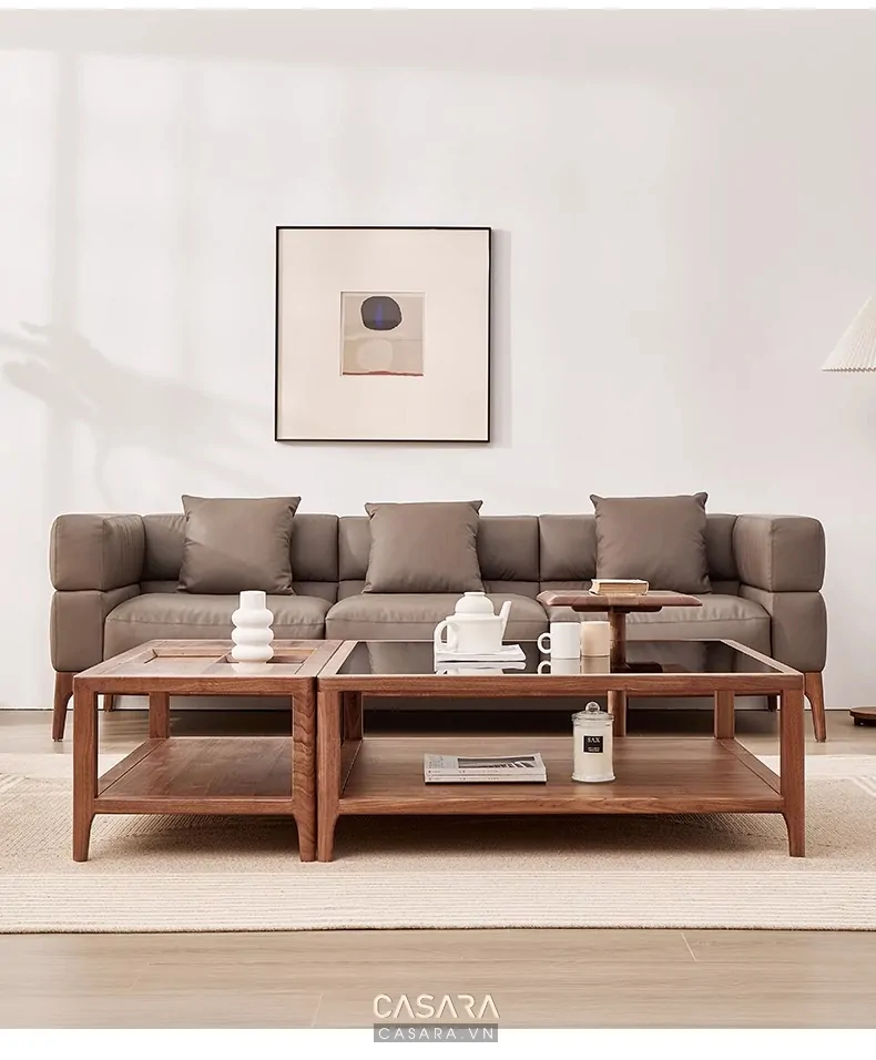 thiết kế nội thất chung cư đẹp với phòng khách hiện đại có sofa, bàn trà và kệ tivi gỗ