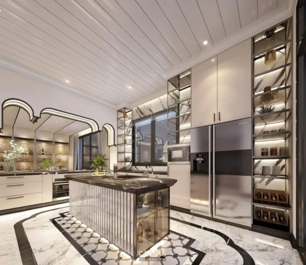 Phòng bếp hiện đại, sang trọng với thiết kế nội thất tinh tế.