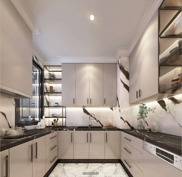 Phòng bếp hiện đại, sang trọng với tông màu trắng đen chủ đạo.
