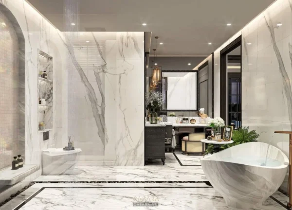 Phòng tắm sang trọng với đá cẩm thạch và thiết kế hiện đại.