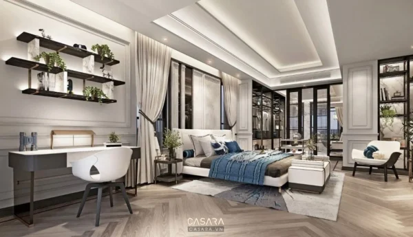 Phòng ngủ sang trọng, hiện đại với nội thất tinh tế, ánh sáng ấm áp.