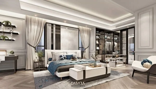 Phòng ngủ sang trọng với nội thất hiện đại, tông màu trắng chủ đạo.