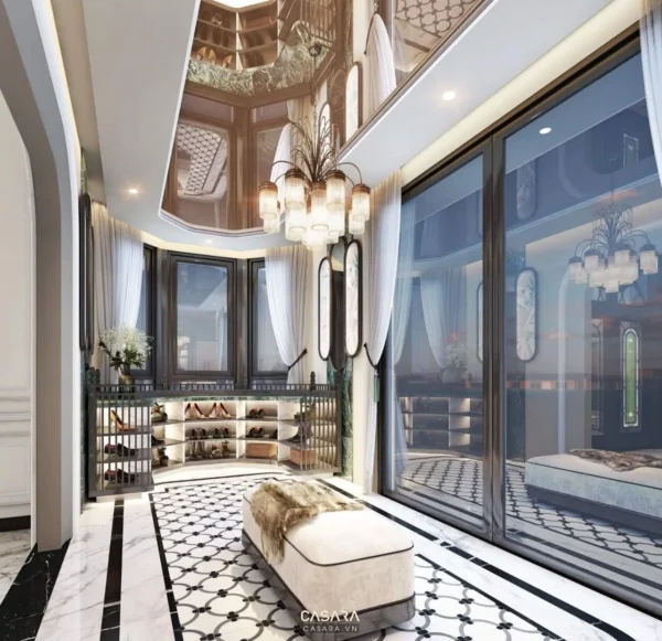 Phòng thay đồ sang trọng với thiết kế hiện đại, ánh sáng ấm áp.