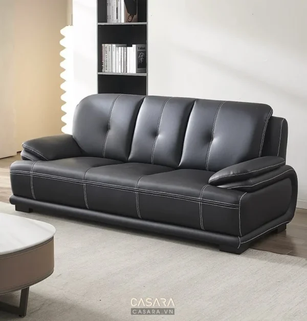 Ghế sofa đen da bóng, thiết kế hiện đại, sang trọng cho phòng khách.
