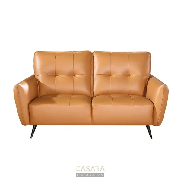 Ghế sofa da hai chỗ ngồi màu nâu cam hiện đại, sang trọng.