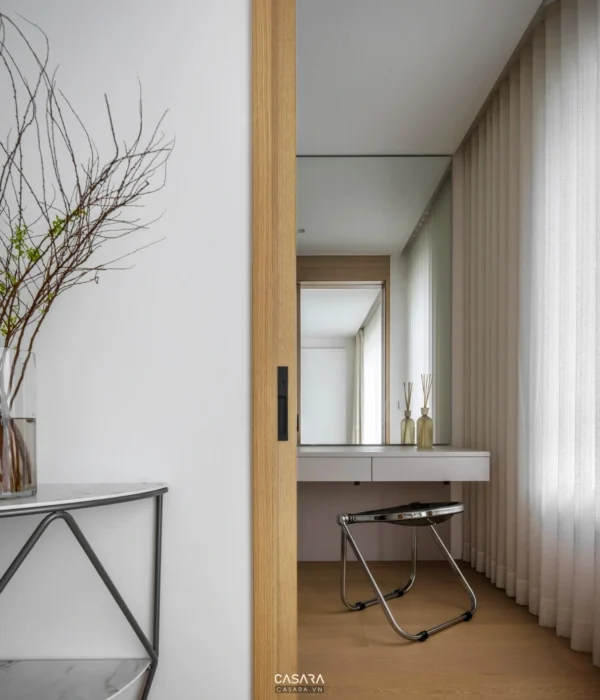 Góc phòng với thiết kế tối giản, ấm cúng và ánh sáng dịu nhẹ.