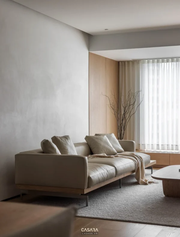 Phòng khách tối giản, ấm cúng với sofa màu be và ánh sáng tự nhiên.