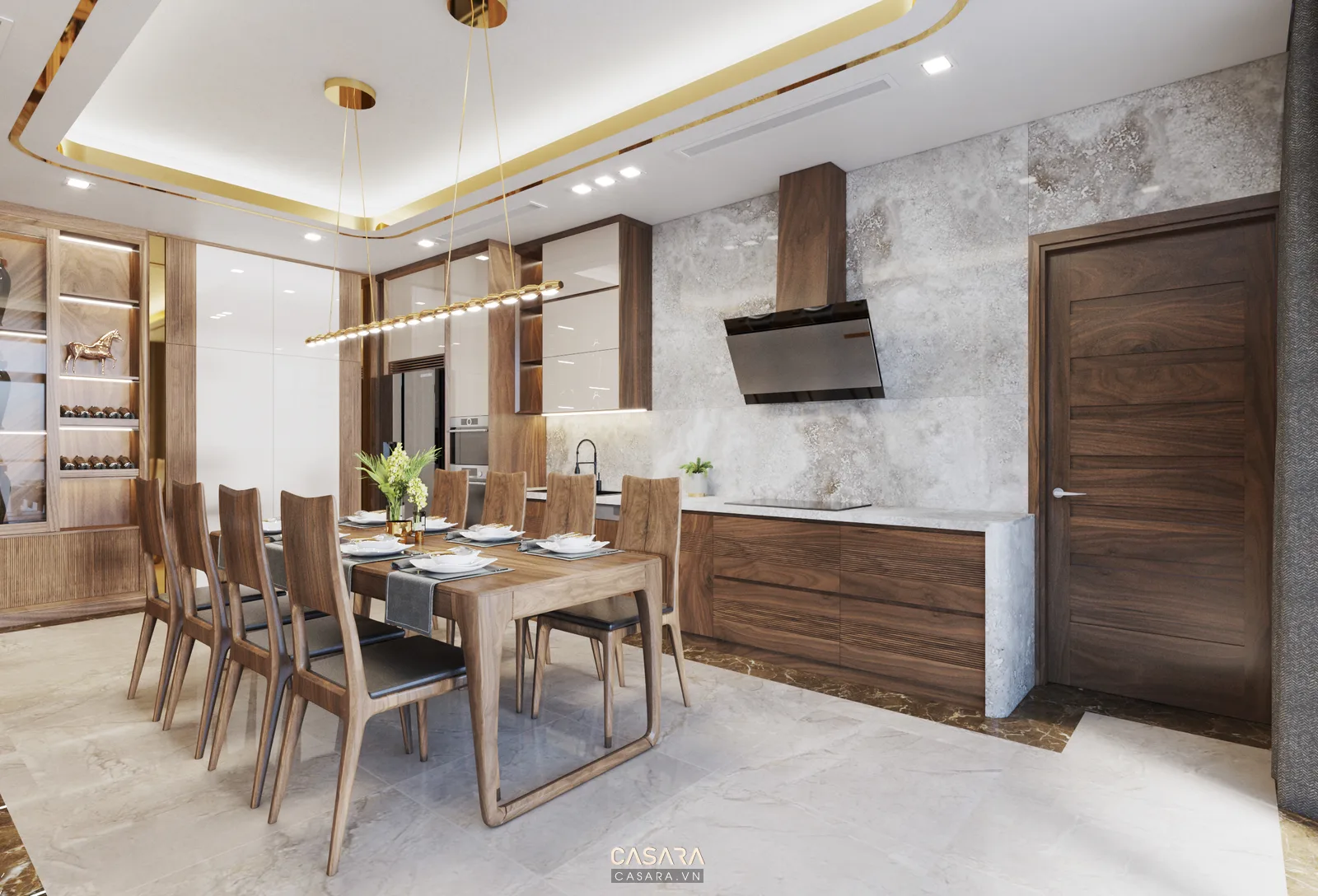 Phòng bếp hiện đại với tủ gỗ, mặt đá và bàn ăn gia đình