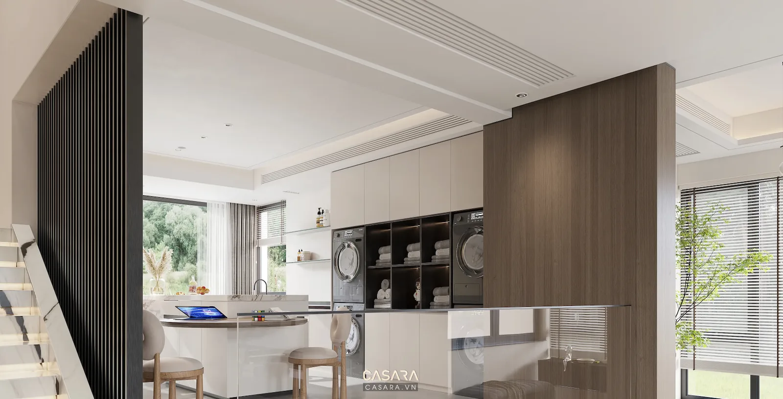 Căn hộ chung cư mini hoàn thiện với phòng khách bếp mở phòng ngủ nhỏ hệ tủ gỗ sáng và đèn ấm