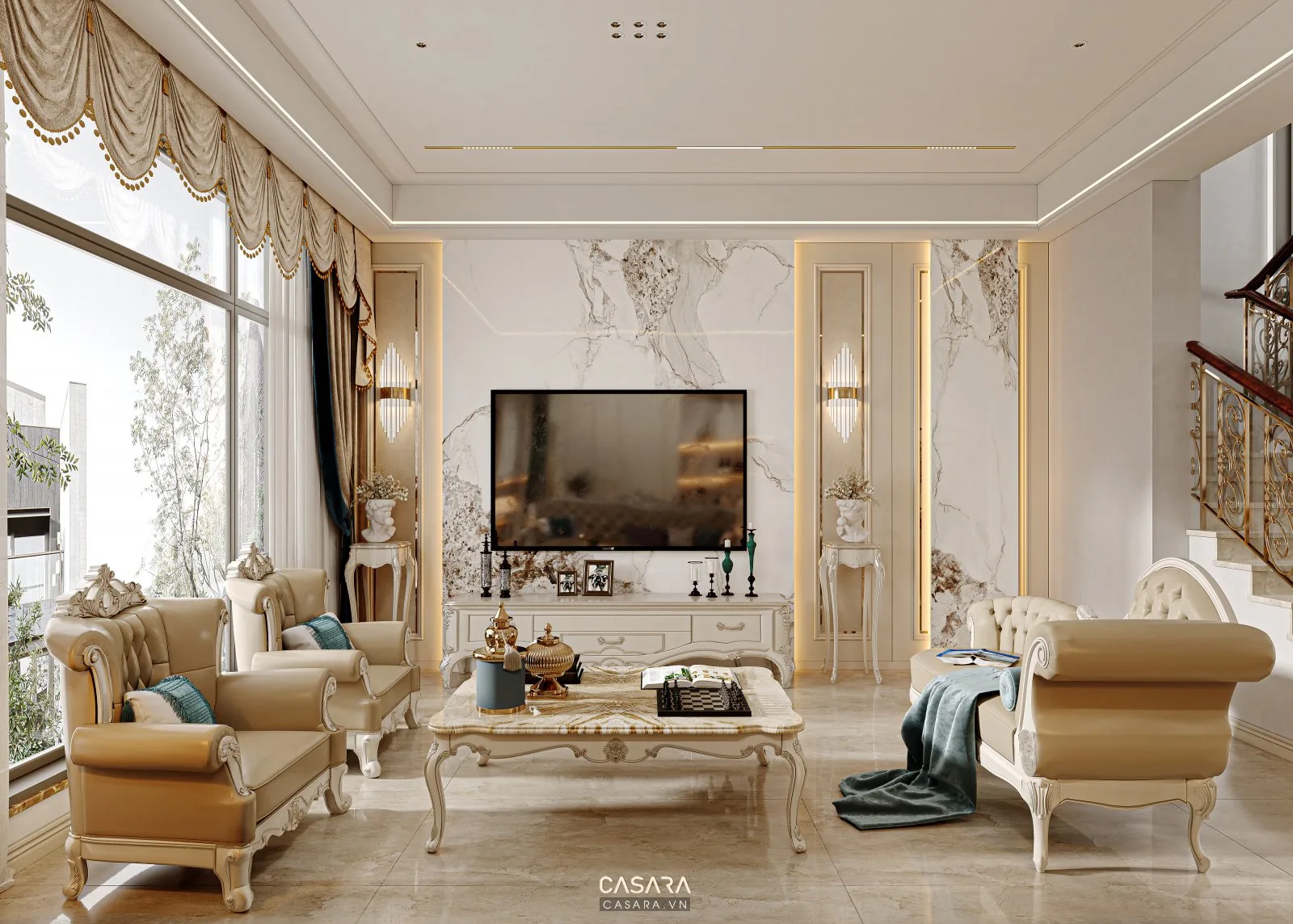 phòng khách nhà phố có sofa và mẫu thiết kế cầu thang đẹp bằng gỗ