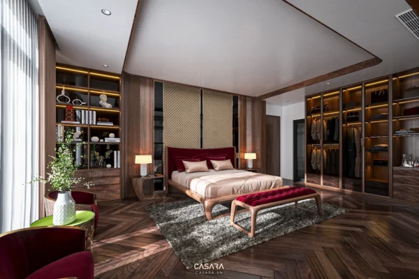 Đồ nội thất phòng ngủ với giường, tab đầu giường, tủ áo và ánh sáng ấm đồng bộ