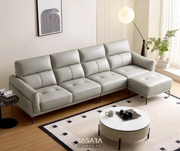 Bộ sofa góc da cao cấp màu xám trắng hiện đại, sang trọng.