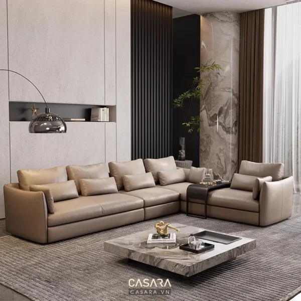 Phòng khách hiện đại, sang trọng với sofa góc màu be kem tinh tế.