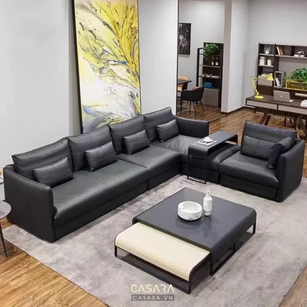 Bộ sofa góc da đen hiện đại, sang trọng trong phòng khách.
