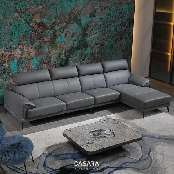 Bộ sofa góc da xám hiện đại, sang trọng trong không gian phòng khách.