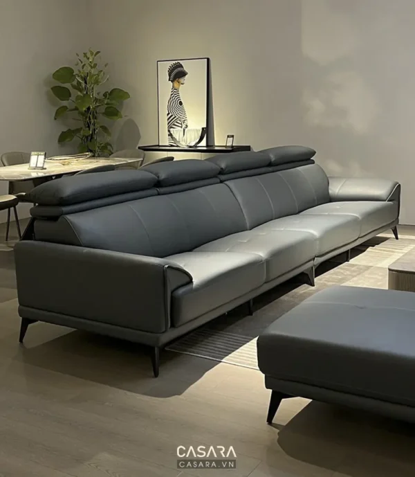 Bộ sofa da xám hiện đại, sang trọng trong không gian phòng khách.