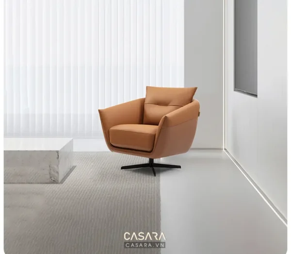 Ghế bành da cam hiện đại, sang trọng trong không gian tối giản.