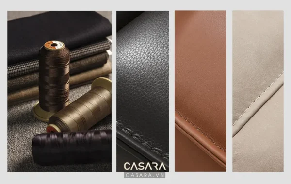 Các loại vải và da cao cấp, dụng cụ may, thể hiện sự tinh tế.